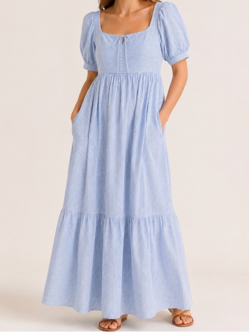 Brooks Brothers Stretch Cotton Regency Seersucker Tiered Maxi Dress 8 Blue
